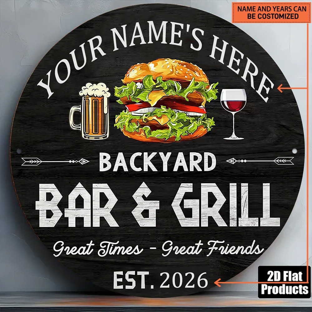 Wine With Beer Name - [2Dフラット] 1個入り カスタムネーム ラウンドバックヤードバー＆グリル メタルサイン バーガー