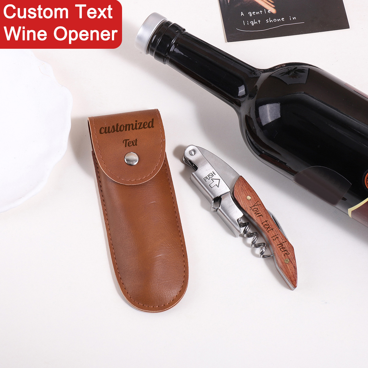 木製ハンドルカスタムテキストワインオープナー、名入れコルクス - Wine With Beer Name のレビューと価格